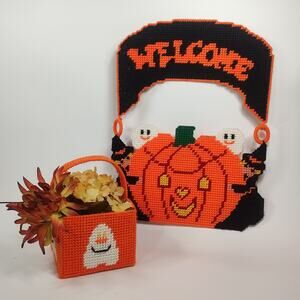 VTG 90s Halloween Needlepoint Decor Set Wall Hanging Welcome Ghost Basket Yarn